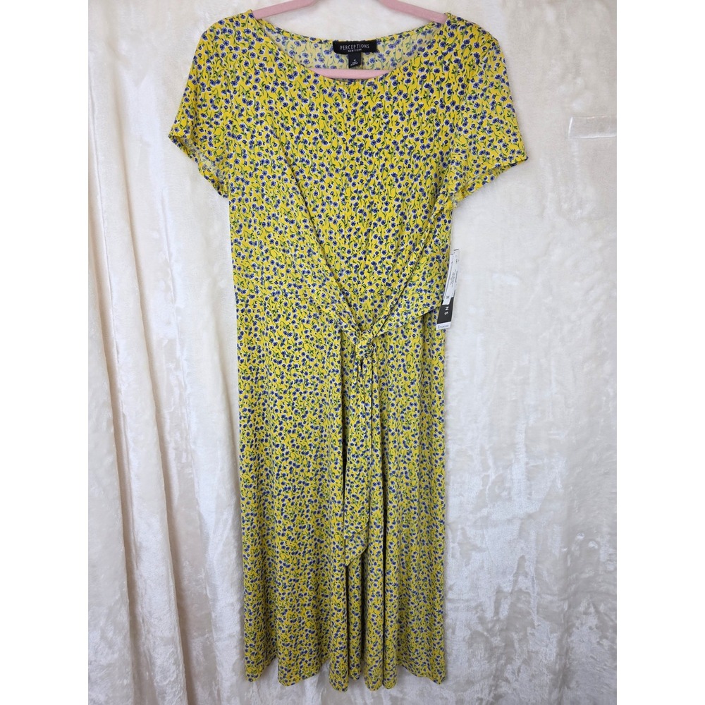 Perceptions New York Yellow Blue Floral Front Knot Midi Dress  New‎ Mens M